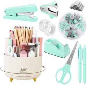 Teal Office Supplies Set, Office Desk Accessories 10Pcs, Pencil Holder for Desk, Stapler, Tape Dispenser, Scissors, Clips and 1000pcs Staples, School Supplies for Teacher Teal Office Supplies Set, Office Desk Accessories 10Pcs, Pencil Holder for Desk, Stapler, Tape Dispenser, Scissors, Clips and 1000pcs Staples, School Supplies for Teacher
