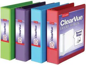 3 Ring Binders, Binders for School and Office, Durable 2 Inch Binder with Round Rings, Holds 475-Sheets, ClearVue Covers, Non-Stick, PVC-Free, Assorted Colors, 4 Pack (29311) 3 Ring Binders, Binders for School and Office, Durable 2 Inch Binder with Round Rings, Holds 475-Sheets, ClearVue Covers, Non-Stick, PVC-Free, Assorted Colors, 4 Pack (29311)
