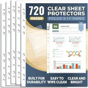 720 Pack Clear Sheet Protectors 8.5 x 11 Inch, Plastic Page Sleeves for 3 Ring Binder, Transparent Letter-Size Document Covers, Top Loading, for Paper Documents, Home, School and Office Use 720 Pack Clear Sheet Protectors 8.5 x 11 Inch, Plastic Page Sleeves for 3 Ring Binder, Transparent Letter-Size Document Covers, Top Loading, for Paper Documents, Home, School and Office Use