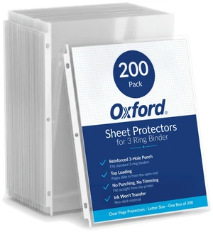 Sheet Protectors, Clear Finish, Page Protectors for 3 Ring Binder,Top Load, Letter Size Plastic Sleeves, Reinforced 3 Hole Punch for Binders, 200 per Box (33268) Sheet Protectors, Clear Finish, Page Protectors for 3 Ring Binder,Top Load, Letter Size Plastic Sleeves, Reinforced 3 Hole Punch for Binders, 200 per Box (33268)