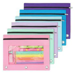 Pencil Pouch for 3-Ring Binder, Large Pencil Case with 3 Reinforced Grommets, Zipper Pencil Pouch, Clear Window Pencil Case, Binder Accessories, 6 Assorted Colors, 6 Pack Pencil Pouch for 3-Ring Binder, Large Pencil Case with 3 Reinforced Grommets, Zipper Pencil Pouch, Clear Window Pencil Case, Binder Accessories, 6 Assorted Colors, 6 Pack
