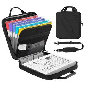 Zipper Binder, 3 Inch 3 D Ring, 5 Tab File Folders, 700 Sheets, Black Water-repellent 900D Oxford fabric with 5 folders, 2 mesh pocket, reinforced handle and adjustable shoulder strap Zipper Binder, 3 Inch 3 D Ring, 5 Tab File Folders, 700 Sheets, Black Water-repellent 900D Oxford fabric with 5 folders, 2 mesh pocket, reinforced handle and adjustable shoulder strap