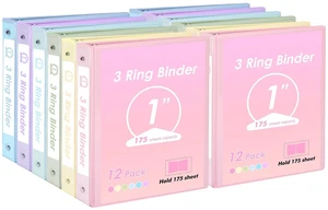 1 inch 3-Ring Binder 12 Pack Assorted Pastel Color with 2 Pockets Inside, Fits 11 x 8.5 Inch Paper with 175 Sheets Capacity, for Office, Home, School Project 1 inch 3-Ring Binder 12 Pack Assorted Pastel Color with 2 Pockets Inside, Fits 11 x 8.5 Inch Paper with 175 Sheets Capacity, for Office, Home, School Project