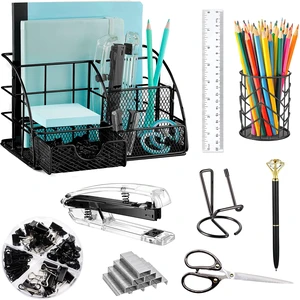 Black Desk Organizers and Accessories Office Supplies Set Stapler, Pen Holder, Phone Holder, Scissors, Pen, Ruler, 30 Paper Clips, 22 Binder Clip, 20 Tacks and 1000pcs Staples Black Desk Organizers and Accessories Office Supplies Set Stapler, Pen Holder, Phone Holder, Scissors, Pen, Ruler, 30 Paper Clips, 22 Binder Clip, 20 Tacks and 1000pcs Staples