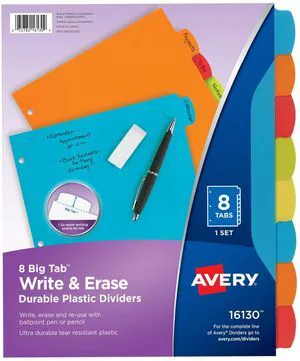 ® Write & Erase Plastic Dividers, 8-Tab, Multicolor, 24 Sets For Organizing and Relabeling Binder Sections, Tear-Resistant Durable Tabs, Big Tab 1.5x More Writing Space, 3-Hole Punched ® Write & Erase Plastic Dividers, 8-Tab, Multicolor, 24 Sets For Organizing and Relabeling Binder Sections, Tear-Resistant Durable Tabs, Big Tab 1.5x More Writing Space, 3-Hole Punched