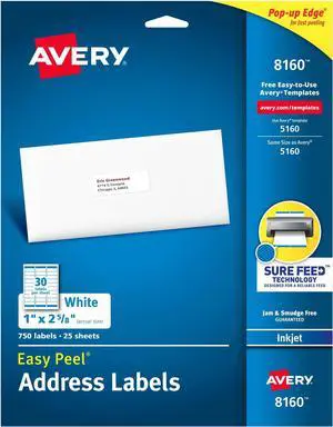 Easy Peel Address Labels, Inkjet Printers, White, Box of 750 Labels (08160), 1" x 2-5/8" (Pack of 5) Easy Peel Address Labels, Inkjet Printers, White, Box of 750 Labels (08160), 1" x 2-5/8" (Pack of 5)