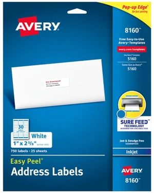 Easy Peel Printable Address Labels, Sure Feed Technology, 1" x 2-5/8" Customizable Stickers, White, 750 Blank Mailing Labels, Great for Mailing, Shipping, and More (8160) Easy Peel Printable Address Labels, Sure Feed Technology, 1" x 2-5/8" Customizable Stickers, White, 750 Blank Mailing Labels, Great for Mailing, Shipping, and More (8160)