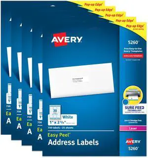 ® Easy Peel® Printable Address Labels, Sure Feed® Technology, 1" x 2-5/8" Customizable Stickers, White, 3,750 Blank Mailing Labels, Great for Mailing, Shipping, and More (5-Pack of 5260) ® Easy Peel® Printable Address Labels, Sure Feed® Technology, 1" x 2-5/8" Customizable Stickers, White, 3,750 Blank Mailing Labels, Great for Mailing, Shipping, and More (5-Pack of 5260)