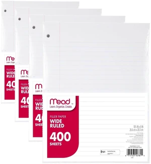 Loose Leaf Paper,Wide Ruled Filler Notebook Paper,8" x 10-1/2",400 Sheets,Fits 3-Ring Binder (150036-ECM),(Pack of 4) Loose Leaf Paper,Wide Ruled Filler Notebook Paper,8" x 10-1/2",400 Sheets,Fits 3-Ring Binder (150036-ECM),(Pack of 4)