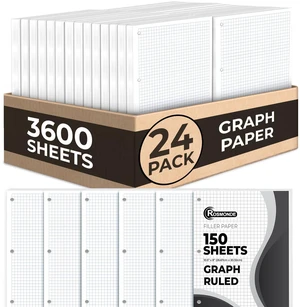 3600 Sheets Loose Leaf Paper Bulk, 24 Pack, Graph Ruled Paper Bulk Quad Ruled Sheets, 8" x 10.5", Bulk Notebook Papers, 3 Hole Punched, Graph Ruled Filler Paper for Binders, 150 Sheets/Pack 3600 Sheets Loose Leaf Paper Bulk, 24 Pack, Graph Ruled Paper Bulk Quad Ruled Sheets, 8" x 10.5", Bulk Notebook Papers, 3 Hole Punched, Graph Ruled Filler Paper for Binders, 150 Sheets/Pack