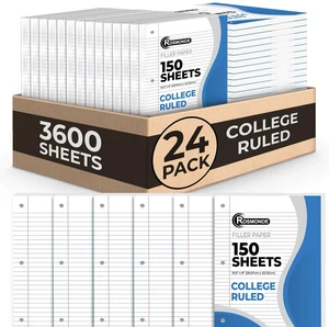 Loose Leaf Paper Bulk, 3600 Sheets, 24 Pack, College Ruled Paper Bulk Notebook Paper, 8" x 10.5", 150 Sheets/Pack, Bulk Office Filler Paper, 3 Hole Punched, College Ruled Paper For Binder Loose Leaf Paper Bulk, 3600 Sheets, 24 Pack, College Ruled Paper Bulk Notebook Paper, 8" x 10.5", 150 Sheets/Pack, Bulk Office Filler Paper, 3 Hole Punched, College Ruled Paper For Binder