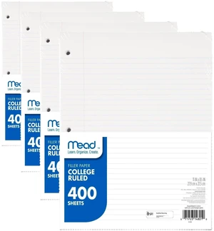 Loose Leaf Paper, College Ruled Filler Notebook Paper, 8-1/2" x 11", 400 Sheets, Fits 3-Ring Binder (170046-ECM) (Pack of 4) Loose Leaf Paper, College Ruled Filler Notebook Paper, 8-1/2" x 11", 400 Sheets, Fits 3-Ring Binder (170046-ECM) (Pack of 4)