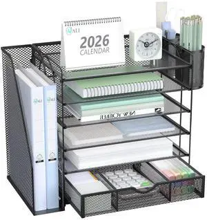 Desk File Organizer, 6 Tier Desktop Paper Letter Tray Organizer with Drawer and 2 Pen Holders, Office Desk Accessories & Workspace Organizers for Office, Home Supplies(DO007DH-B), 1 Pack, Black Desk File Organizer, 6 Tier Desktop Paper Letter Tray Organizer with Drawer and 2 Pen Holders, Office Desk Accessories & Workspace Organizers for Office, Home Supplies(DO007DH-B), 1 Pack, Black