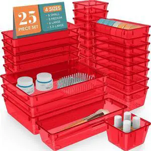 25 PCS Plastic Drawer Organizer Set, Makeup Organizers and Storage Bins 4 Sizes Desk Drawer Divider Organizers and Storage Bins for Jewelry, Gadgets for Kitchen, Bedroom, Bathroom, Office, Red 25 PCS Plastic Drawer Organizer Set, Makeup Organizers and Storage Bins 4 Sizes Desk Drawer Divider Organizers and Storage Bins for Jewelry, Gadgets for Kitchen, Bedroom, Bathroom, Office, Red