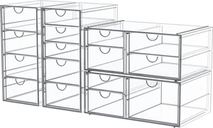 4-Pack Acrylic 16-Drawer Storage & Makeup Organizer for Desk Smooth-glide drawers, clear acrylic, stackable, dustproof, wipe clean, for office supplies, pens, jewelry, makeup 4-Pack Acrylic 16-Drawer Storage & Makeup Organizer for Desk Smooth-glide drawers, clear acrylic, stackable, dustproof, wipe clean, for office supplies, pens, jewelry, makeup