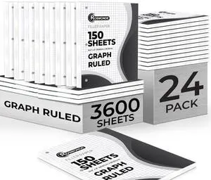 Loose Leaf Paper Bulk, 3600 Sheets, 24 Pack, Graph Ruled Sheets Bulk Graph Paper, 8 x 10.5", 150 Sheets/Pack, 3 Hole Punch, Quad Ruled, Fits Standard Binders, Fights Ink Bleed, White Loose Leaf Paper Bulk, 3600 Sheets, 24 Pack, Graph Ruled Sheets Bulk Graph Paper, 8 x 10.5", 150 Sheets/Pack, 3 Hole Punch, Quad Ruled, Fits Standard Binders, Fights Ink Bleed, White