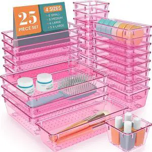 25 PCS Plastic Drawer Organizer Set, Makeup Organizers and Storage Bins 4 Sizes Desk Drawer Divider Organizers and Storage Bins for Jewelry, Gadgets for Kitchen, Bedroom, Bathroom, Clear Pink 25 PCS Plastic Drawer Organizer Set, Makeup Organizers and Storage Bins 4 Sizes Desk Drawer Divider Organizers and Storage Bins for Jewelry, Gadgets for Kitchen, Bedroom, Bathroom, Clear Pink