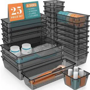 25 PCS Plastic Drawer Organizer Set, Makeup Organizers and Storage Bins 4 Sizes Desk Drawer Divider Organizers and Storage Bins for Jewelry, Gadgets for Kitchen, Bedroom, Bathroom, Office, Black 25 PCS Plastic Drawer Organizer Set, Makeup Organizers and Storage Bins 4 Sizes Desk Drawer Divider Organizers and Storage Bins for Jewelry, Gadgets for Kitchen, Bedroom, Bathroom, Office, Black