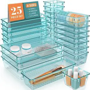 25 PCS Clear Plastic Drawer Organizer, Makeup Organizers and Storage Bins 4 Sizes Desk Drawer Divider Organizers and Storage Bins for Jewelry, Gadgets for Kitchen, Bedroom, Bathroom, Office,Sea Blue 25 PCS Clear Plastic Drawer Organizer, Makeup Organizers and Storage Bins 4 Sizes Desk Drawer Divider Organizers and Storage Bins for Jewelry, Gadgets for Kitchen, Bedroom, Bathroom, Office,Sea Blue