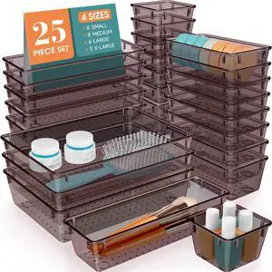 25 PCS Plastic Drawer Organizer Set, Makeup Organizers and Storage Bins 4 Sizes Desk Drawer Divider Organizers and Storage Bins for Jewelry, Gadgets for Kitchen, Bedroom, Bathroom, Brown 25 PCS Plastic Drawer Organizer Set, Makeup Organizers and Storage Bins 4 Sizes Desk Drawer Divider Organizers and Storage Bins for Jewelry, Gadgets for Kitchen, Bedroom, Bathroom, Brown
