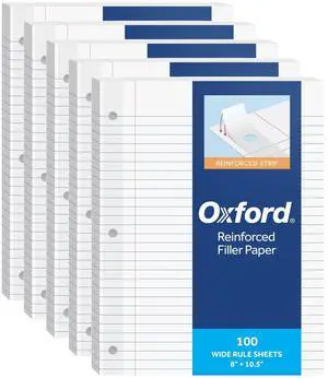 Reinforced Lined Loose Leaf Notebook Paper, Wide Rule, 500 Sheets Plastic-reinforced strip guards the 3 holes from tearing. Five 100-sheet packs, wide rule, 11/32 in spacing, 8 x 10.5 in Reinforced Lined Loose Leaf Notebook Paper, Wide Rule, 500 Sheets Plastic-reinforced strip guards the 3 holes from tearing. Five 100-sheet packs, wide rule, 11/32 in spacing, 8 x 10.5 in