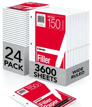 Notebook Paper USA-Made Loose Leaf Paper, 24 Pack 3600 Sheets 8"x10.5" Wide Ruled - 3-Hole Punched Bulk Filler Paper for 3-Ring Binder, 150 Sheets/Pack, Wholesale Available(24Pack-Wide) Notebook Paper USA-Made Loose Leaf Paper, 24 Pack 3600 Sheets 8"x10.5" Wide Ruled - 3-Hole Punched Bulk Filler Paper for 3-Ring Binder, 150 Sheets/Pack, Wholesale Available(24Pack-Wide)