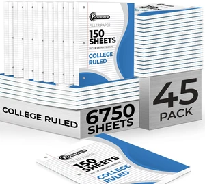 6750 Sheets Loose Leaf Paper Bulk, 45 Pack, College Ruled Paper Bulk Notebook Paper, 8" x 10.5", 150 Sheets/Pack, Bulk Office Filler Paper, 3 Hole Punched, College Ruled Paper For Binder 6750 Sheets Loose Leaf Paper Bulk, 45 Pack, College Ruled Paper Bulk Notebook Paper, 8" x 10.5", 150 Sheets/Pack, Bulk Office Filler Paper, 3 Hole Punched, College Ruled Paper For Binder