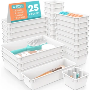 25 PCS Plastic Drawer Organizer Set, Makeup Organizers and Storage Bins 4 Sizes Desk Drawer Divider Organizers and Storage Bins for Jewelry, Gadgets for Kitchen, Bedroom, Bathroom, Office, White 25 PCS Plastic Drawer Organizer Set, Makeup Organizers and Storage Bins 4 Sizes Desk Drawer Divider Organizers and Storage Bins for Jewelry, Gadgets for Kitchen, Bedroom, Bathroom, Office, White