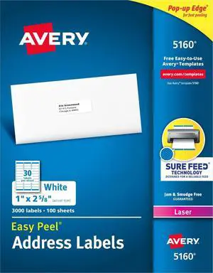 Easy Peel Printable Address Labels with Sure Feed, 1" x 2-5/8" Customizable Stickers, White, 3,000 Blank Mailing Labels, Great for Mailing, Shipping, and More (5160) Easy Peel Printable Address Labels with Sure Feed, 1" x 2-5/8" Customizable Stickers, White, 3,000 Blank Mailing Labels, Great for Mailing, Shipping, and More (5160)