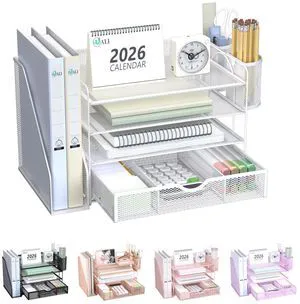 Desk File Organizer, 4 Tier Desktop Paper Letter Tray Organizer with Drawer and 2 Pen Holders, Office Desk Accessories & Workspace Organizers for Office, Home Supplies(DO005DH-W), 1 Pack, White Desk File Organizer, 4 Tier Desktop Paper Letter Tray Organizer with Drawer and 2 Pen Holders, Office Desk Accessories & Workspace Organizers for Office, Home Supplies(DO005DH-W), 1 Pack, White