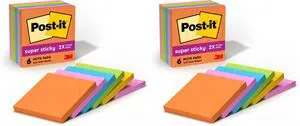 Super Sticky Notes, 3x3 in, 2X The Sticking Power, Energy Boost Collection, Bright Colors (Orange, Pink, Blue, Green),Recyclable (654-6SSAU), 6 Pads (Pack of 2) Super Sticky Notes, 3x3 in, 2X The Sticking Power, Energy Boost Collection, Bright Colors (Orange, Pink, Blue, Green),Recyclable (654-6SSAU), 6 Pads (Pack of 2)