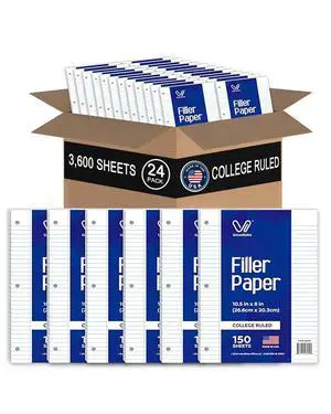 Notebook Paper USA-Made Loose Leaf Paper, 24 Pack 3600 Sheets 8"x10.5" College Ruled - 3-Hole Punched Bulk Filler Paper for 3-Ring Binder, 150 Sheets/Pack, Wholesale Available Notebook Paper USA-Made Loose Leaf Paper, 24 Pack 3600 Sheets 8"x10.5" College Ruled - 3-Hole Punched Bulk Filler Paper for 3-Ring Binder, 150 Sheets/Pack, Wholesale Available