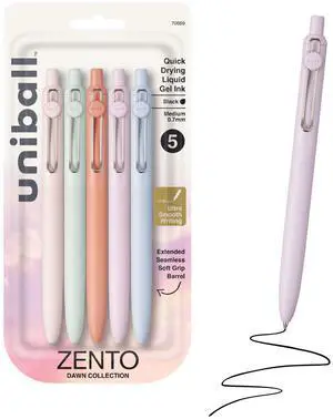 uniball Zento Gel Pens, Black Ink, 0.7mm Medium Point, 5 Count Retractable, Smooth Writing, Quick-Drying, No Smear, No Bleed, Dawn Barrel Colors uniball Zento Gel Pens, Black Ink, 0.7mm Medium Point, 5 Count Retractable, Smooth Writing, Quick-Drying, No Smear, No Bleed, Dawn Barrel Colors