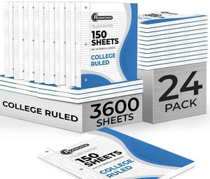 3600 Sheets Loose Leaf Paper Bulk, 24 Pack, College Ruled Paper Bulk Notebook Paper, 8" x 10.5", 150 Sheets/Pack, Bulk Office Filler Paper, 3 Hole Punched, College Ruled Paper For Binder 3600 Sheets Loose Leaf Paper Bulk, 24 Pack, College Ruled Paper Bulk Notebook Paper, 8" x 10.5", 150 Sheets/Pack, Bulk Office Filler Paper, 3 Hole Punched, College Ruled Paper For Binder