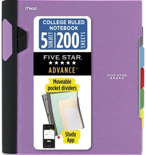 Advance Spiral Notebook + Study App, 5 Subject, College Ruled Paper, 8-1/2" x 11", 200 Sheets, Spiral Guard, Movable Tabbed Dividers, Amethyst Purple (820013G) Advance Spiral Notebook + Study App, 5 Subject, College Ruled Paper, 8-1/2" x 11", 200 Sheets, Spiral Guard, Movable Tabbed Dividers, Amethyst Purple (820013G)