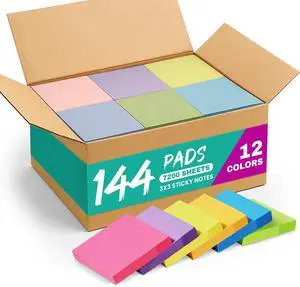 144 Pads Sticky Notes, 3x3 Inches, 12 Bright Colors, 50 Sheets/Pad Bulk Self-Stick Note Pads for Office, Study, and Daily Organization, Sticky Notes for Reminders, Lists 144 Pads Sticky Notes, 3x3 Inches, 12 Bright Colors, 50 Sheets/Pad Bulk Self-Stick Note Pads for Office, Study, and Daily Organization, Sticky Notes for Reminders, Lists