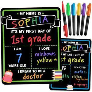 First Day of School Sign Board with Liquid Chalk Markers - 14x11 Double-Sided & Reusable Board - My First and Last Day - Back to School Supplies - First Day of Kindergarten Preschool First Day of School Sign Board with Liquid Chalk Markers - 14x11 Double-Sided & Reusable Board - My First and Last Day - Back to School Supplies - First Day of Kindergarten Preschool