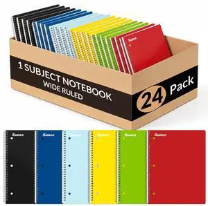 Spiral Notebooks, 1-Subject, 24 Pack, Wide Ruled Paper, 8" x 10-1/2", 70 Sheets per Notebook, 3-Hole Punched Paper, Spiral Lined Notebooks for School, Work, Classic Colors Spiral Notebooks, 1-Subject, 24 Pack, Wide Ruled Paper, 8" x 10-1/2", 70 Sheets per Notebook, 3-Hole Punched Paper, Spiral Lined Notebooks for School, Work, Classic Colors