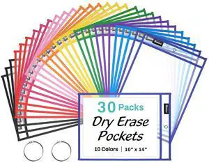 30 Packs Oversized Reusable Dry Erase Pocket Sleeves with 2 Rings, 10 Assorted Colors 10x14 Ticket Holders, Clear Plastic Sheet Protectors, Teacher School Classroom Supplies 30 Packs Oversized Reusable Dry Erase Pocket Sleeves with 2 Rings, 10 Assorted Colors 10x14 Ticket Holders, Clear Plastic Sheet Protectors, Teacher School Classroom Supplies