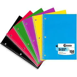 6 Pack, 5 Subject Notebook College Ruled, 150 Sheets (300 Pages) Thick Paper Fights Ink Bleed, 3 Hole Punched, 300 Pages, 8 x 10-1/2", 5 Subject College Ruled Spiral Notebooks for School 6 Pack, 5 Subject Notebook College Ruled, 150 Sheets (300 Pages) Thick Paper Fights Ink Bleed, 3 Hole Punched, 300 Pages, 8 x 10-1/2", 5 Subject College Ruled Spiral Notebooks for School