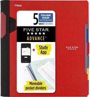 Advance Spiral Notebook + Study App, 5 Subject, College Ruled Paper, 8-1/2" x 11", 200 Sheets, Spiral Guard, Movable Tabbed Dividers, Fire Red (73146) Advance Spiral Notebook + Study App, 5 Subject, College Ruled Paper, 8-1/2" x 11", 200 Sheets, Spiral Guard, Movable Tabbed Dividers, Fire Red (73146)