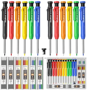 Carpenter Pencil with Sharpener, 12Pcs Construction Pencil+52 Refill Deep Hole Marker for Construction, Heavy Duty Woodworking Pencil for Architect Marking (Red, Black, Yellow, Blue, Orange) Carpenter Pencil with Sharpener, 12Pcs Construction Pencil+52 Refill Deep Hole Marker for Construction, Heavy Duty Woodworking Pencil for Architect Marking (Red, Black, Yellow, Blue, Orange)