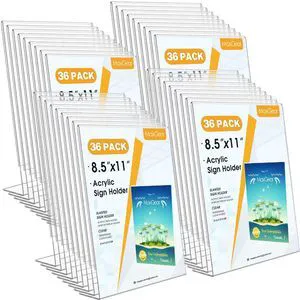 Acrylic Sign Holder, 8.5 x 11 Slant Back Display, 36 Pack Clear Acrylic Material, L-Shape Design for Menus, Flyers and Signs, Easy Paper Insertion, Use In Office, Home, Store Acrylic Sign Holder, 8.5 x 11 Slant Back Display, 36 Pack Clear Acrylic Material, L-Shape Design for Menus, Flyers and Signs, Easy Paper Insertion, Use In Office, Home, Store