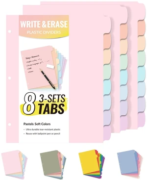 8 Tabs Plastic Write & Erase Binder Dividers with Tabs, 3 Sets Long-Lasting Dividers for 3 Ring Binder, Cute Pastels Binder Dividers Organizers for Student, Teacher, Office, Pastels Color 8 Tabs Plastic Write & Erase Binder Dividers with Tabs, 3 Sets Long-Lasting Dividers for 3 Ring Binder, Cute Pastels Binder Dividers Organizers for Student, Teacher, Office, Pastels Color