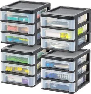 4-Pack, 3-Drawer Small Plastic Stacking Desktop Organizer, Black Keep dorm desks tidy with drawers for school supplies, makeup, chargers, snacks and everyday college essentials 4-Pack, 3-Drawer Small Plastic Stacking Desktop Organizer, Black Keep dorm desks tidy with drawers for school supplies, makeup, chargers, snacks and everyday college essentials