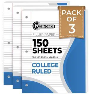 450 Sheets Loose Leaf Paper, 3 Pack, College Ruled Filler Paper Bulk Office Filler Paper, 8" x 10.5", 3 Hole Punched, 150 Sheets/Pack, College Ruled Notebook Paper for Binder, White 450 Sheets Loose Leaf Paper, 3 Pack, College Ruled Filler Paper Bulk Office Filler Paper, 8" x 10.5", 3 Hole Punched, 150 Sheets/Pack, College Ruled Notebook Paper for Binder, White
