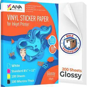 Printable Vinyl Sticker Paper - Waterproof Decal Paper for Inkjet Printer - 200 Self-Adhesive Sheets - Glossy White - Standard Letter Size 8.5"x11" Printable Vinyl Sticker Paper - Waterproof Decal Paper for Inkjet Printer - 200 Self-Adhesive Sheets - Glossy White - Standard Letter Size 8.5"x11"