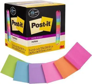 Super Sticky Notes, Assorted Bright Colors, 3x3 in, 15 Count, 45 Sheets/Pad, 2X The Sticking Power, Recyclable, Multi-Color (Pack of 6) Super Sticky Notes, Assorted Bright Colors, 3x3 in, 15 Count, 45 Sheets/Pad, 2X The Sticking Power, Recyclable, Multi-Color (Pack of 6)