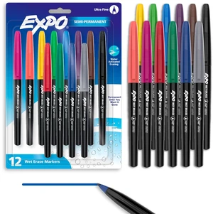 Wet Erase Markers, Semi-Permanent, Assorted Colors, Ultra Fine Tip, 12 Count - For Writing on Glass, Whiteboards, Mirrors, Calendar, Labeling, Organizing Wet Erase Markers, Semi-Permanent, Assorted Colors, Ultra Fine Tip, 12 Count - For Writing on Glass, Whiteboards, Mirrors, Calendar, Labeling, Organizing