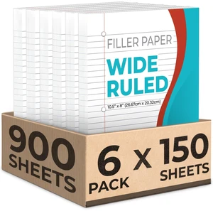 900 Sheets Loose Leaf Paper, 6 Pack, Wide Ruled Filler Paper Bulk Office Filler Paper, 8" x 10.5", 3 Hole Punched, 150 Sheets/Pack, Wide Ruled Notebook Paper for Binder, White 900 Sheets Loose Leaf Paper, 6 Pack, Wide Ruled Filler Paper Bulk Office Filler Paper, 8" x 10.5", 3 Hole Punched, 150 Sheets/Pack, Wide Ruled Notebook Paper for Binder, White